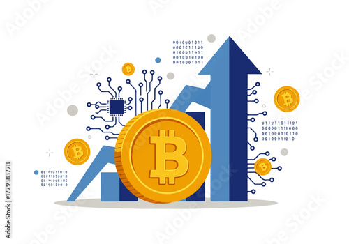 Bitcoin cryptocurrency growth concept with coin, circuit board, and upward arrow.