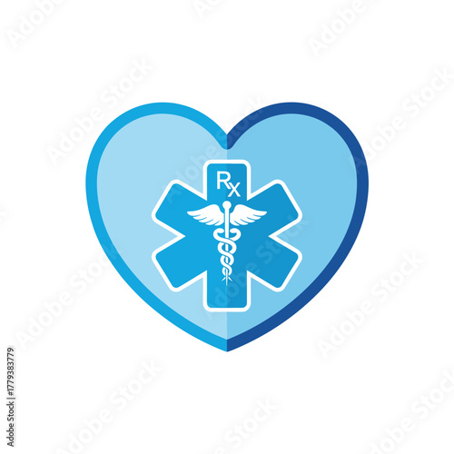 Light Blue Heart Symbol With Rx Caduceus Medical Emblem And Star Of Life Graphic Icon On White Background