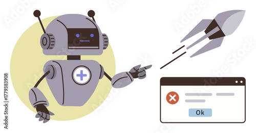 Humanoid robot pointing at error prompt with hand gesture, launching rocket as solution concept. Ideal for technology, AI, innovation, problem-solving, automation, futuristic concepts, simple flat