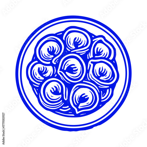 Plate of dumplings tortellini. Graphic vintage woodcut linocut engraving style illustration.