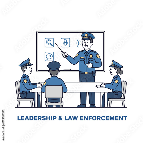 Male police officer in formal blue uniform saluting and teaching other officers in a meeting room with a whiteboard presentation flat design white background