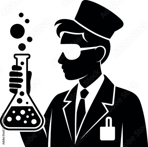 Black silhouette scientist holding flask chemist