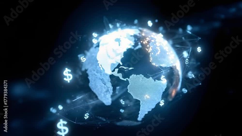 Glowing blue globe surrounded by floating dollar signs, symbolizing global finance and the world economy.