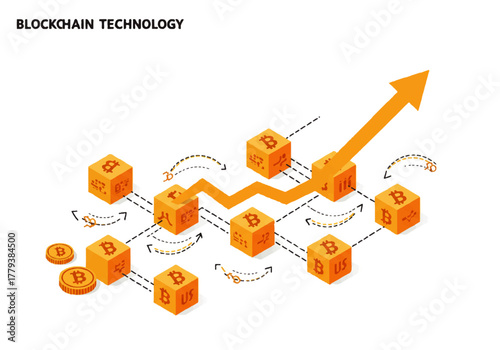Blockchain technology illustration with cubes and an upward trending arrow.