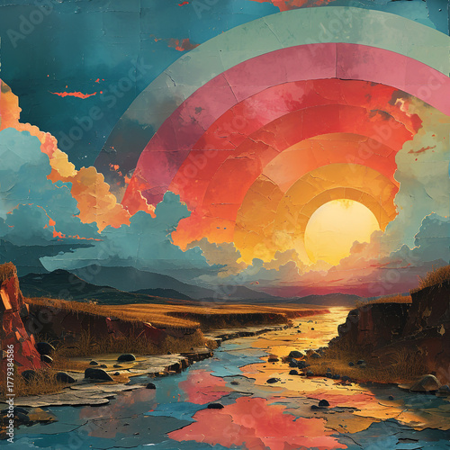 Rainbow, sky, sun, sea, abstract, paper, crackled dry ink, depth. Texture paint art grunge color wall design.