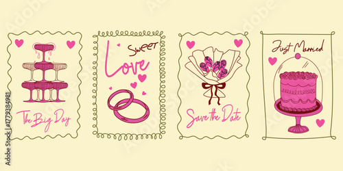 Hand drawn chalk wedding posters. Vintage frames with ribbon, bow. Coquette aesthetics elements for wedding invitations, menu and party. Ink doodle sketch style Minimalist coquette vector borders