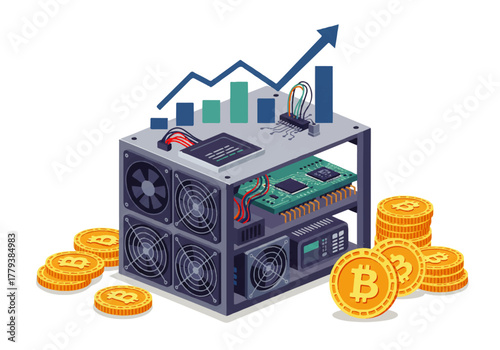 Bitcoin mining rig with coins and a graph showing increasing value.