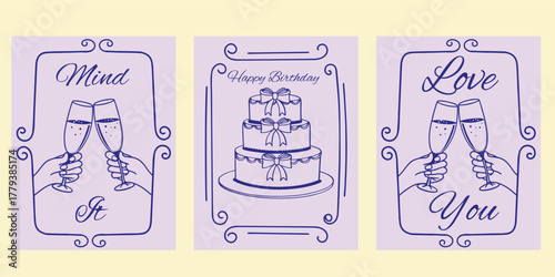Hand drawn chalk wedding posters. Vintage frames with ribbon, bow. Coquette aesthetics elements for wedding invitations, menu and party. Ink doodle sketch style Minimalist coquette vector borders