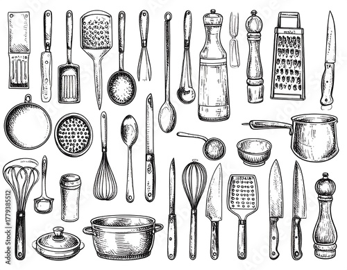 Black and white illustration of various kitchen utensils