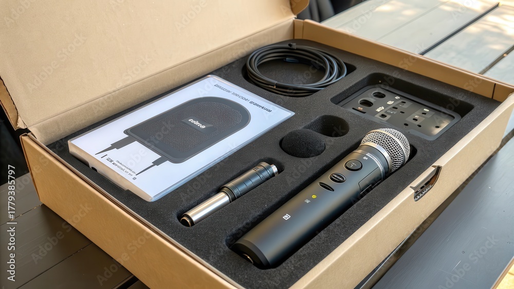 Fototapeta premium Karaoke Microphone Kit Inside Open Cardboard Box