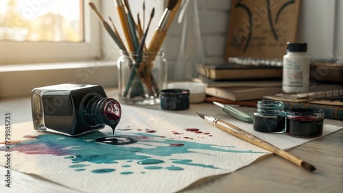 Ink bottle spilling ink creating a watercolor effect on paper