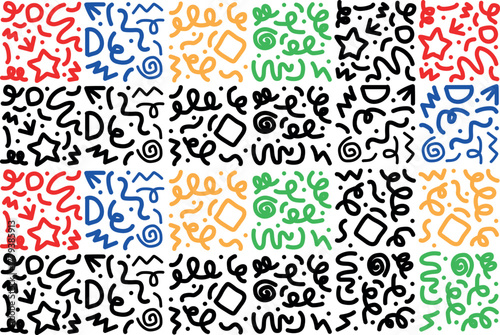 Playful Memphis Style Colorful Seamless Pattern – Hand-Drawn Brush Stroke and Geometric Shapes Vector for Creative Branding, Fabric & Printable Crafts