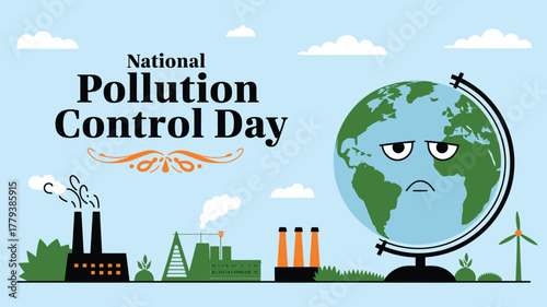Vector art of national pollution control day illustration with a sad earth and industrial pollution, emphasizing environmental protection