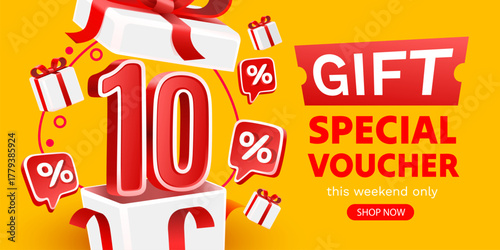 Bright discount banner with 10 special gift voucher and present boxes.