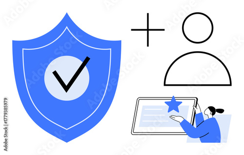 Blue shield with checkmark, user icon, and person adjusting settings on tablet. Ideal for privacy, data protection, verification, user account, online trust security system cybersecurity. Simple