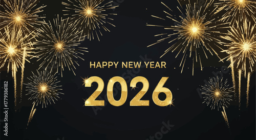Golden fireworks celebrating happy new year 2026 on a dark festive background