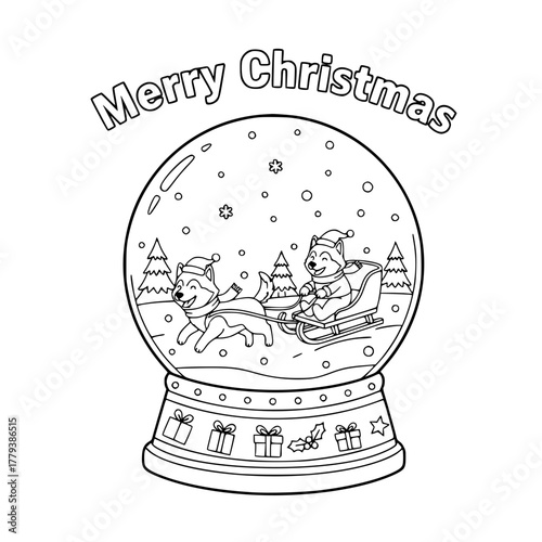 Husky sled team inside Christmas snow globe with “Merry Christmas,” coloring book page for toddlers Generative AI