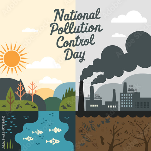 Vector art of national pollution control day illustration showing contrast between a clean environment with trees and water and a polluted industrial area with factory smoke