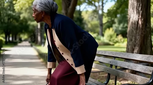 Elderly woman in elegant attire sits on a park bench, reflecting quietly amidst lush greenery, as the camera smoothly pans to capture her contemplative expression and the serene environment surroundin