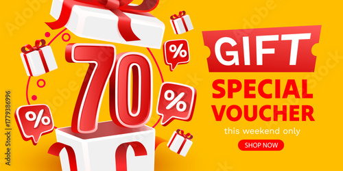 Vibrant 70 percent discount banner with gift boxes and a special voucher offer.