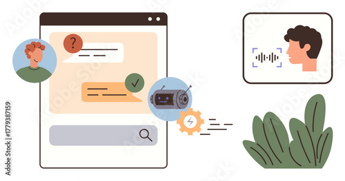 Chat interface with user prompts, chatbot replies, voice input recognition, and a processing bot. Ideal for communication, AI technology, voice assistance, internet interaction, automation