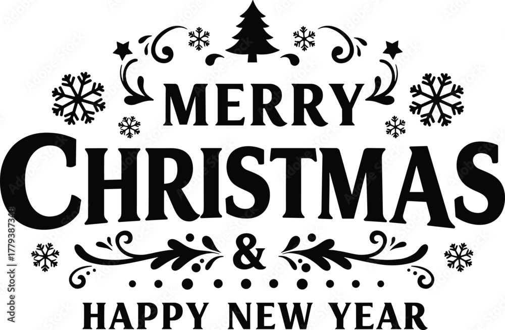 Fototapeta premium Merry Christmas and Happy New Year greeting card, festive holiday design, decorative flourishes, snowflakes, stars, Christmas tree vector illustration