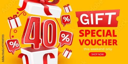 Vibrant 40 percent discount offer with a special gift voucher.