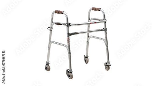 A sturdy metallic walker with padded handles, designed for mobility assistance on a transparent background.