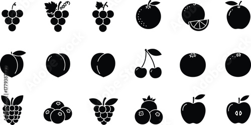 fruit, silhouette, vector, icon, clipart, grapes, orange, apple, peach, cherry, raspberry, blueberry, food, cad, illustration