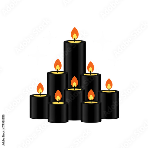 Mystical black candles glowing with warm flames, surrounded by twinkling stars, creating an enchanting atmosphere for celebrations or rituals.