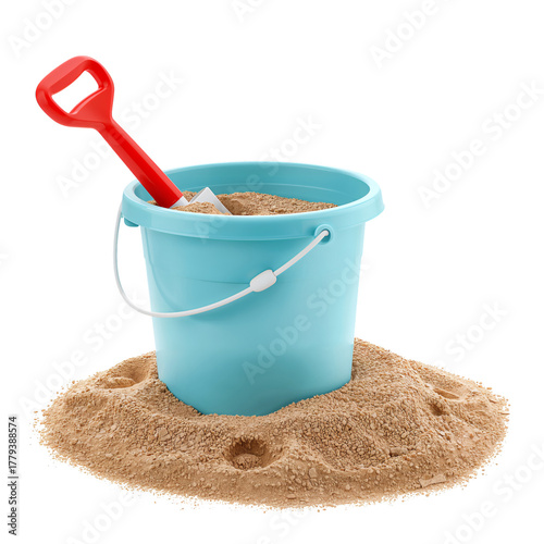Bright Blue Bucket With Shovel Filled With Sand on a Sunny Beach