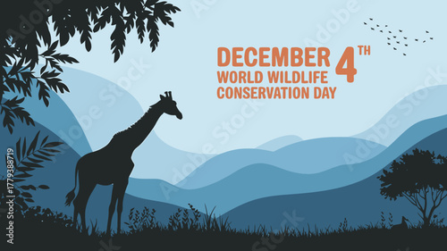 Silhouette of a giraffe against a layered mountain landscape during world wildlife conservation day, highlighting the beauty of natural habitats