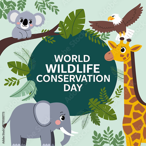 World wildlife conservation day features cute cartoon animals like a koala, eagle, giraffe, and elephant, highlighting the importance of protecting wildlife and habitats