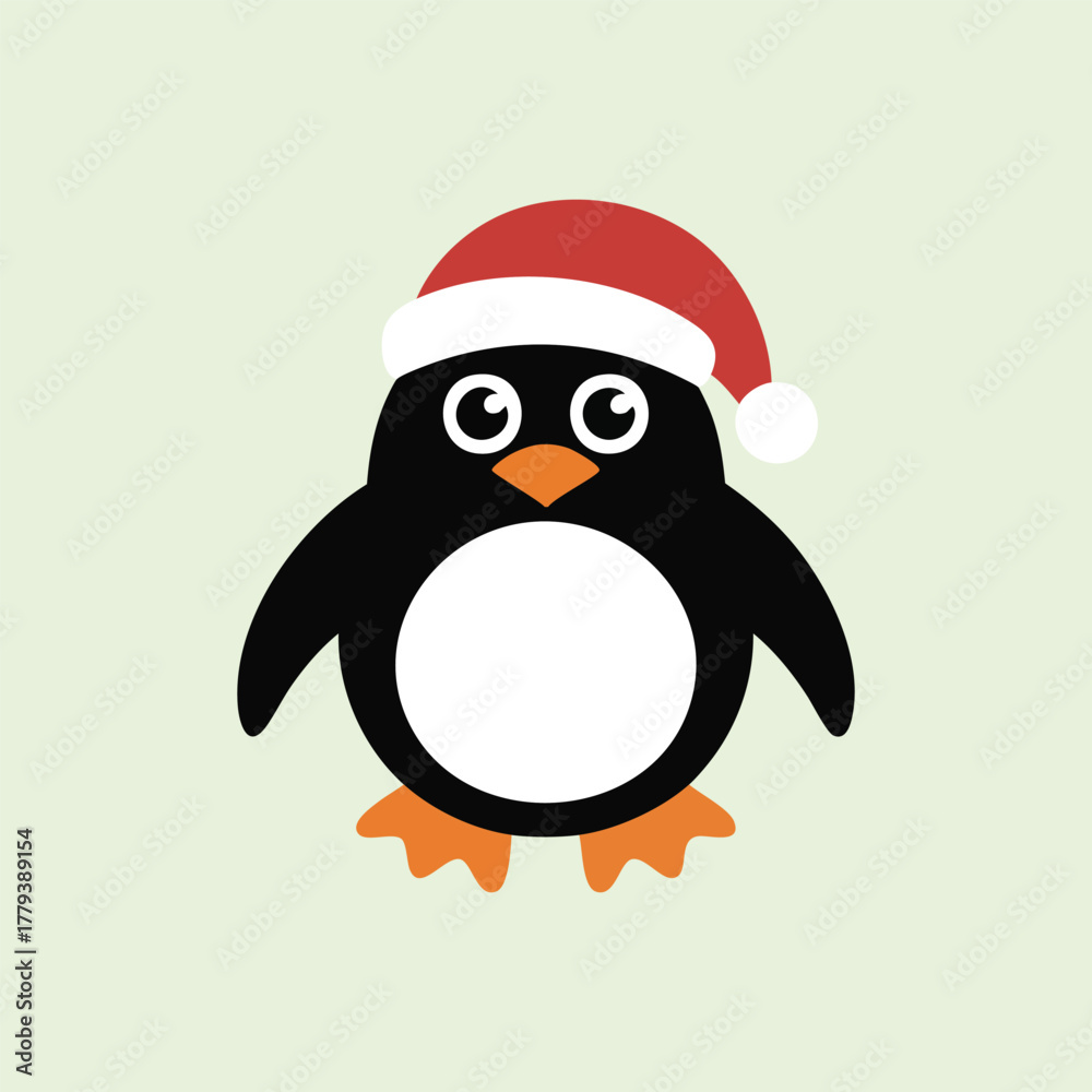 Fototapeta premium Cute Cartoon Penguin Wearing a Santa Hat, vector, illustration.