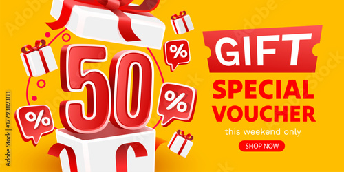 Vibrant gift special voucher with 50 discount. This eye-catching banner features floating gift boxes and percentage signs for an irresistible offer.