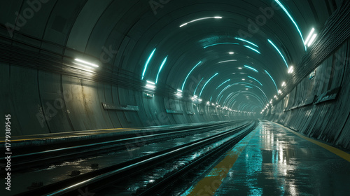 Mysterious Glowing Subway Tunnel with Gleaming Tracks and Artistic Lighting