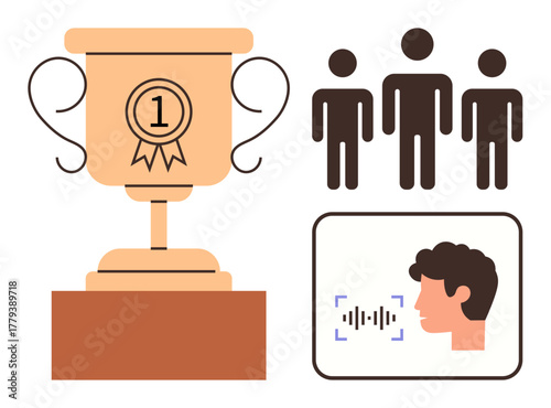 Golden trophy, three people figures, and voice recognition interface. Ideal for achievement, teamwork, leadership, innovation, competition networking communication. Simple flat metaphor