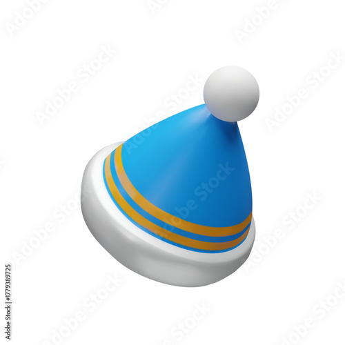 Three-dimensional blue winter hat with yellow stripes and white fur edge isolated on white background. 3D illustration of a cozy warm hat for Christmas and New Year design, festive decoration