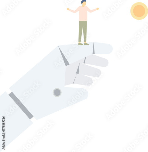 Businessmen standing on the mechanical arm and looking to the distance

