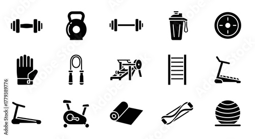 Fitness and gym equipment icons set, workout, training, exercise isolated on white background