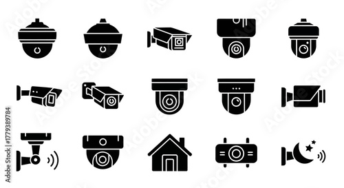 Surveillance camera icons set, security system, cctv, home protection isolated on white background