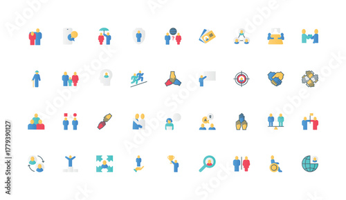 Community of people, human society communication, employees team and family color icon set. Social inclusion and gender, handshake of partnership, members of group flat elements vector illustration