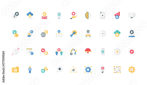 Industrial manufacturing, machinery and process control color icon set with gears. Factory production and automation of engineering, autonomous robot and engineer flat elements vector illustration