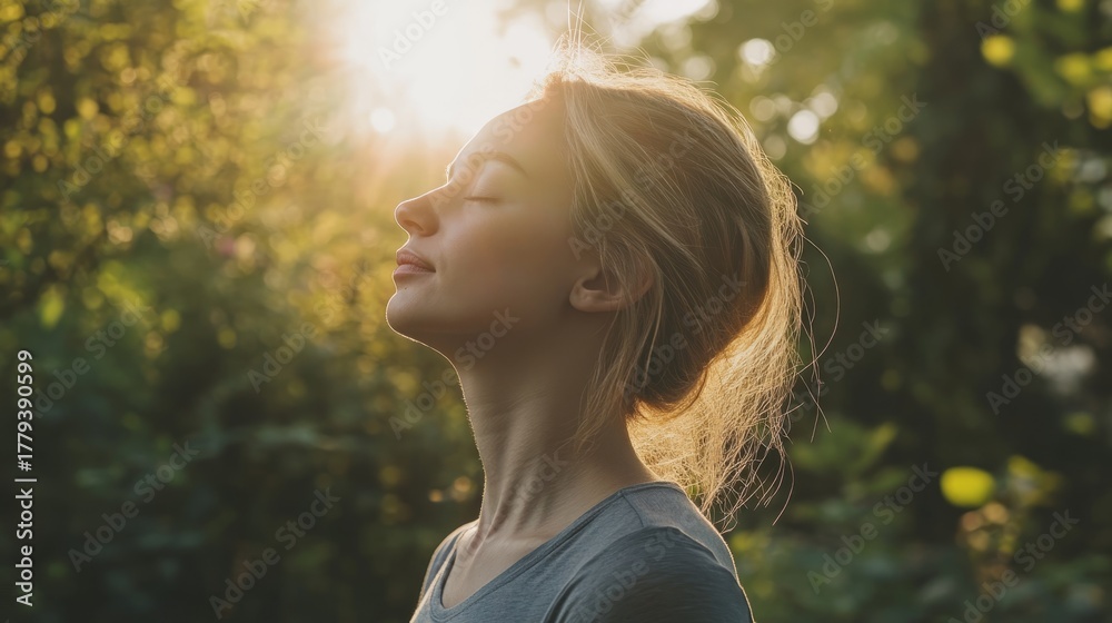 Naklejka premium Woman with closed eyes enjoying sunshine outdoors in natural setting