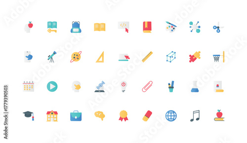 School and university, college study, knowledge and science research color icon set. Stationery and calendar, diploma and hat of graduate, music and chemistry learning flat element vector illustration