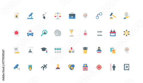 Legal stamp for contract, license and official document, justice and law, jurisprudence color icon set. Judge and court, gun and handcuff, prison for criminal flat elements vector illustration