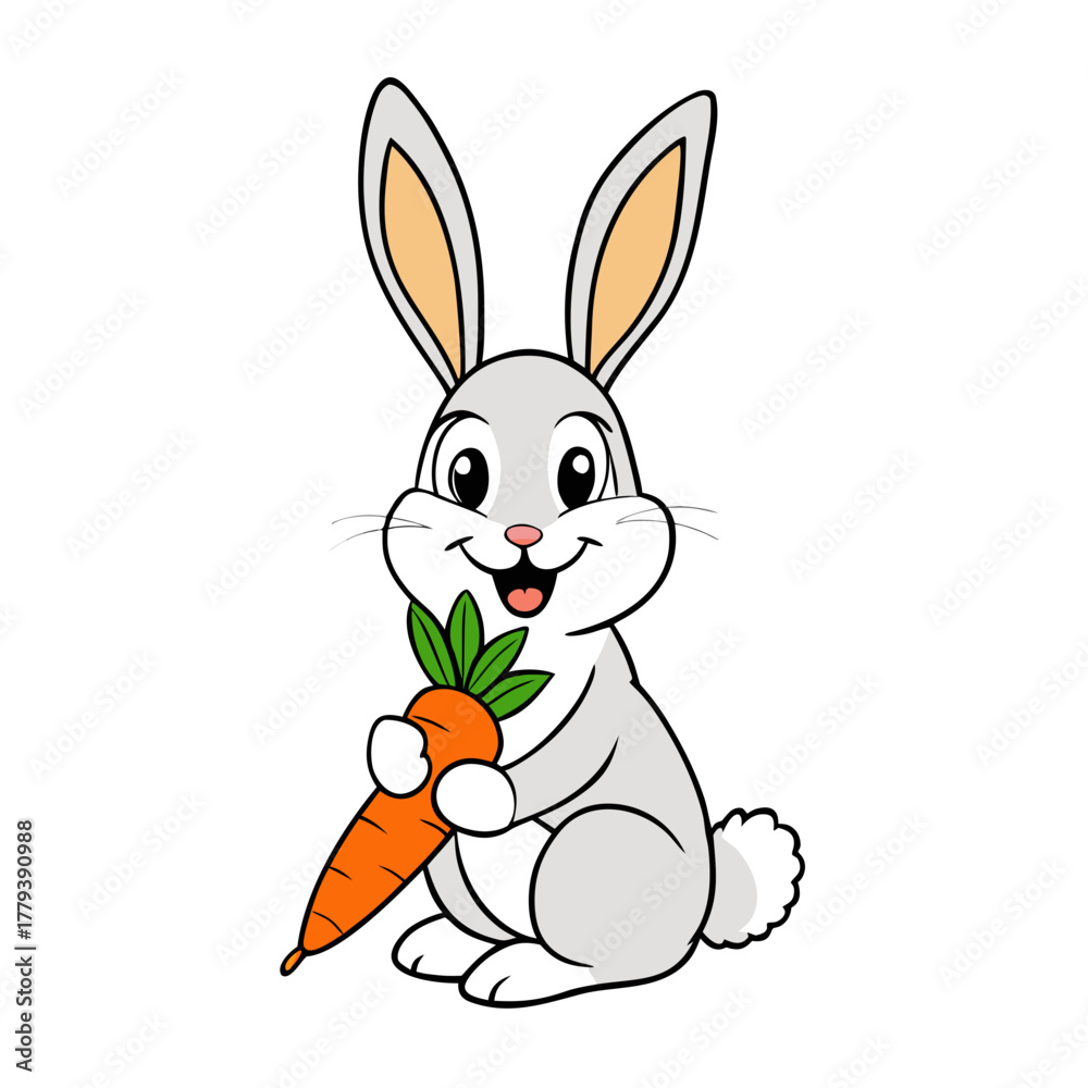 Obraz premium Cute cartoon bunny holding a fresh carrot with a happy expression