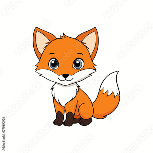 Adorable cartoon fox sitting with fluffy tail and big eyes