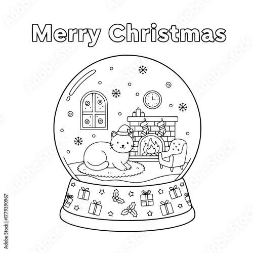 Cat by cozy fireplace inside Christmas snow globe with “Merry Christmas,” coloring book page for toddlers Generative AI