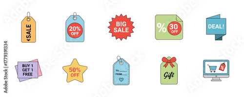 Set of Colorful Sales and Discounts Icons